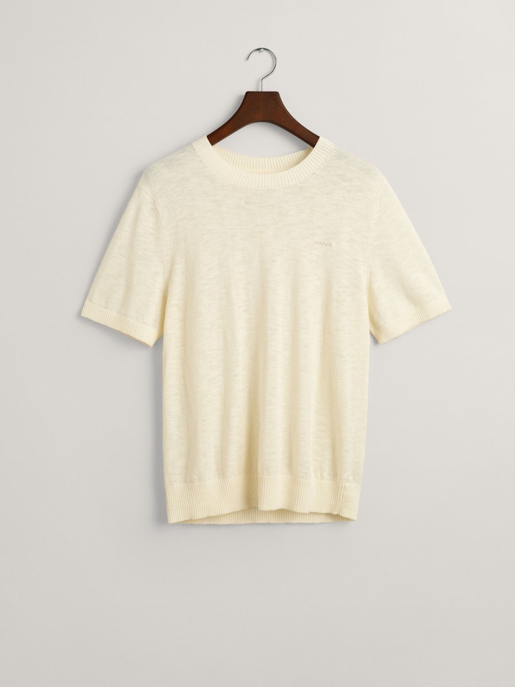 GANT Cream Knitted Cotton Linen T-Shirt - Image 9 of 9