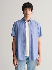 GANT Blue Regular Fit Cotton Linen Short Sleeve Shirt - Image 1 of 5