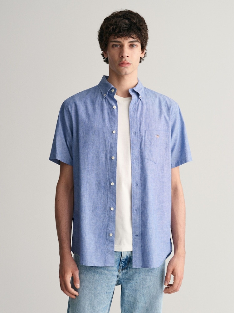 GANT Blue Regular Fit Cotton Linen Short Sleeve Shirt - Image 1 of 5