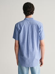 GANT Blue Regular Fit Cotton Linen Short Sleeve Shirt - Image 2 of 5