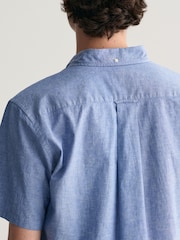 GANT Blue Regular Fit Cotton Linen Short Sleeve Shirt - Image 4 of 5