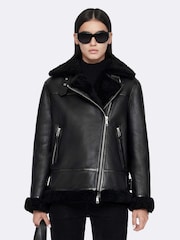 AllSaints Black Sydney Shearl Biker Jacket - Image 1 of 8
