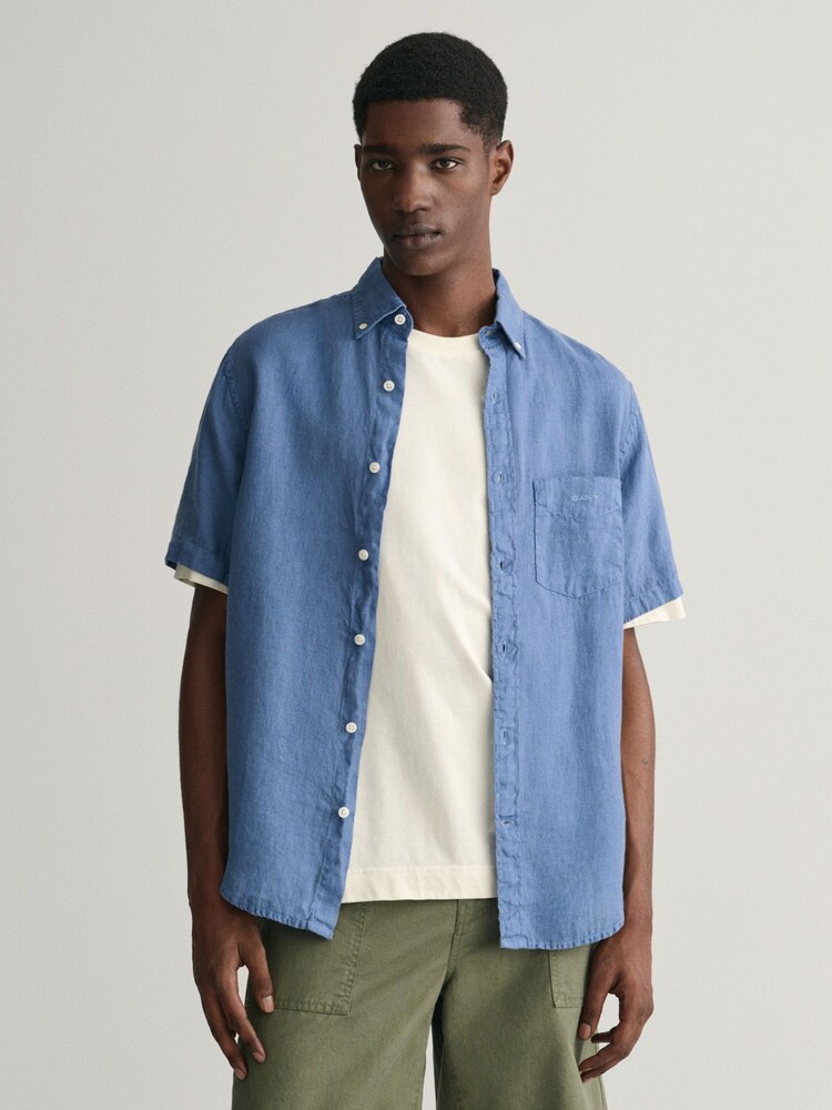 GANT Blue Regular Fit Garment-Dyed 100% Linen Short Sleeve Shirt - Image 1 of 5
