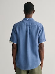 GANT Blue Regular Fit Garment-Dyed 100% Linen Short Sleeve Shirt - Image 2 of 5