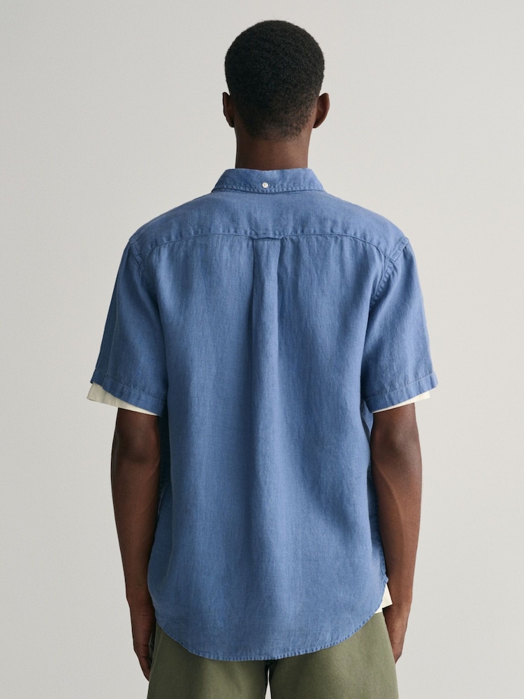 GANT Blue Regular Fit Garment-Dyed 100% Linen Short Sleeve Shirt - Image 2 of 5
