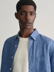 GANT Blue Regular Fit Garment-Dyed 100% Linen Short Sleeve Shirt - Image 4 of 5