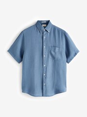 GANT Blue Regular Fit Garment-Dyed 100% Linen Short Sleeve Shirt - Image 5 of 5