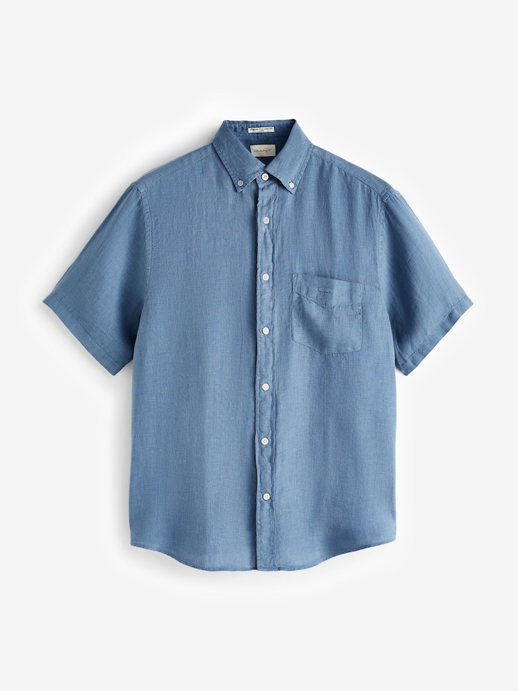 GANT Blue Regular Fit Garment-Dyed 100% Linen Short Sleeve Shirt - Image 5 of 5