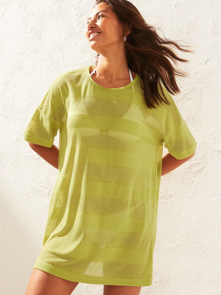 Limettengrün - T-Shirt-Strandkleid mit Häkeldesign - Bild 1 von 5