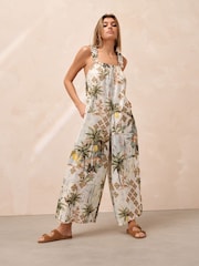 White Lemon Print Ruffle Strap Wide Leg 100% Cotton Jumpsuit - Image 1 of 7