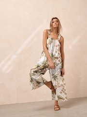White Lemon Print Ruffle Strap Wide Leg 100% Cotton Jumpsuit - Image 2 of 7