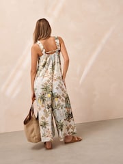 White Lemon Print Ruffle Strap Wide Leg 100% Cotton Jumpsuit - Image 3 of 7