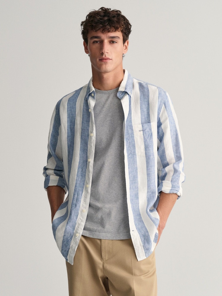 GANT Blue Regular Fit Bold Striped 100% Linen Shirt - Image 2 of 6