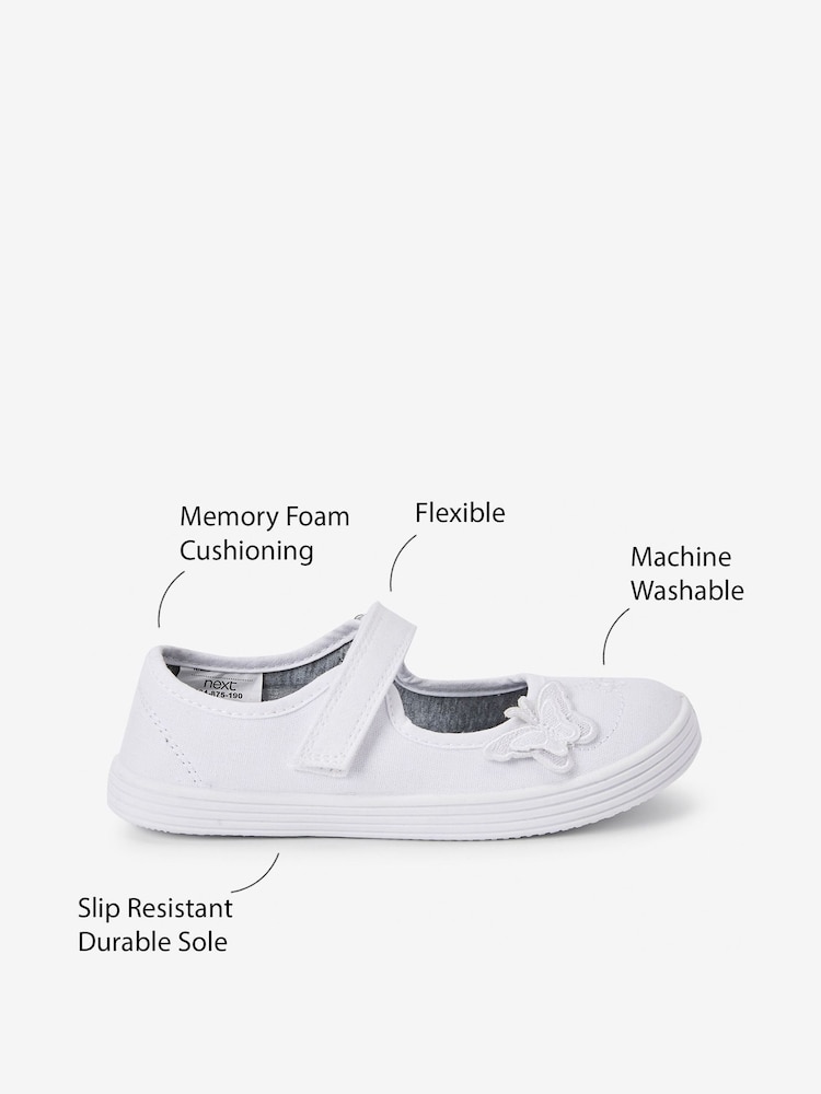 White Standard Fit (F) Butterfly Embroidered School Plimsoll Shoes - Image 10 of 10