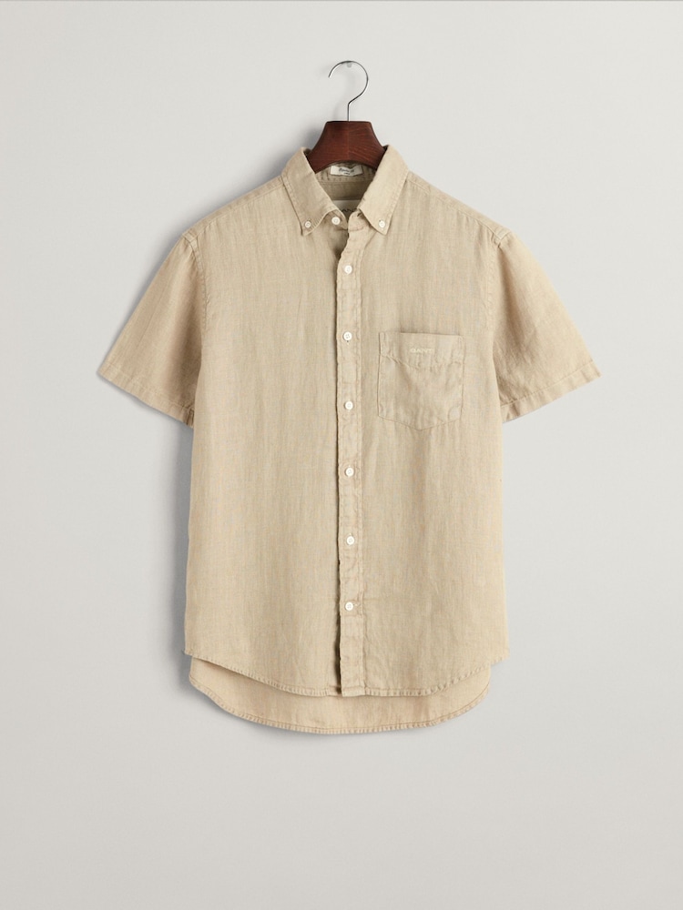 GANT Natural Regular Fit Garment-Dyed 100% Linen Short Sleeve Shirt - Image 5 of 5