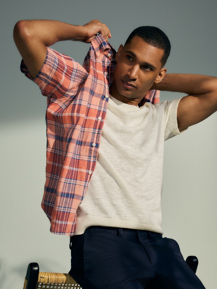 GANT Pink Regular Fit Madras 100% Linen Short Sleeve Shirt - Image 1 of 8