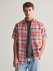 GANT Pink Regular Fit Madras 100% Linen Short Sleeve Shirt - Image 3 of 8