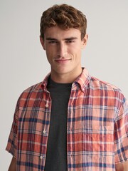 GANT Pink Regular Fit Madras 100% Linen Short Sleeve Shirt - Image 7 of 8