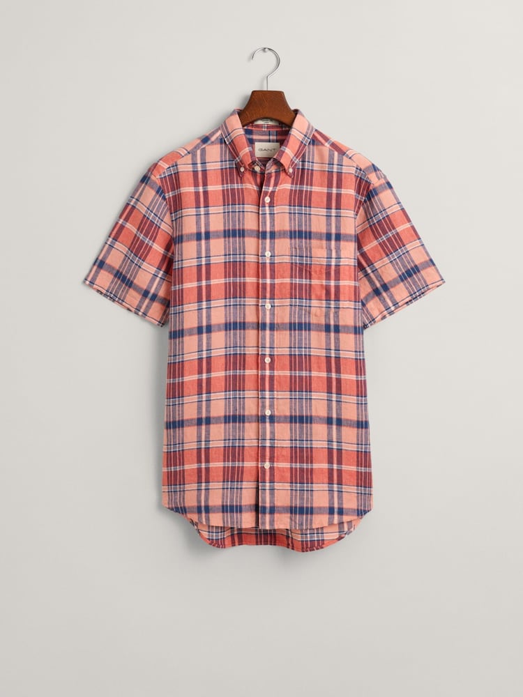 GANT Pink Regular Fit Madras 100% Linen Short Sleeve Shirt - Image 8 of 8