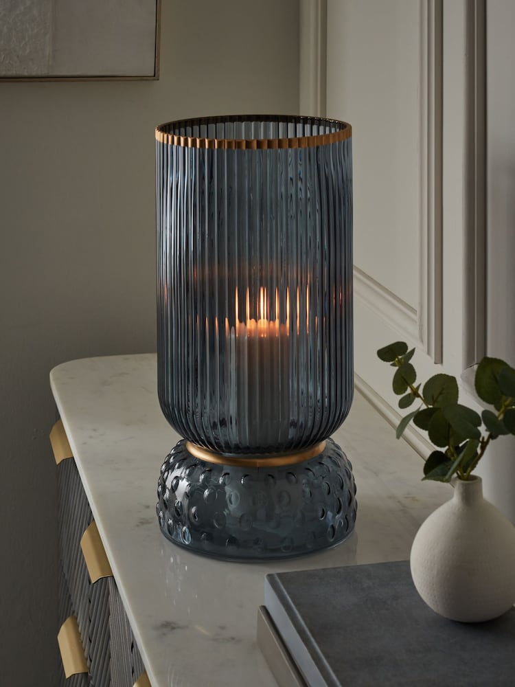 Blue Ribbed Glass Hurricane Candle Holder Extra large - Image 1 of 4