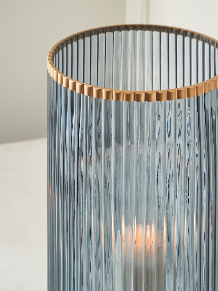 Blue Ribbed Glass Hurricane Candle Holder Extra large - Image 2 of 4