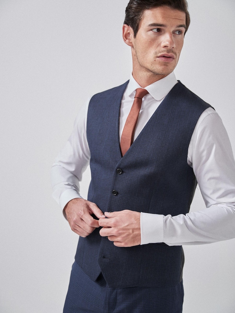 Navy Blue Check Suit Waistcoat - Image 1 of 6