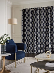 Navy Blue Collection Luxe Heavyweight Geometric Cut Velvet Lined Eyelet Curtains - Image 3 of 5