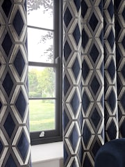 Navy Blue Collection Luxe Heavyweight Geometric Cut Velvet Lined Eyelet Curtains - Image 4 of 5