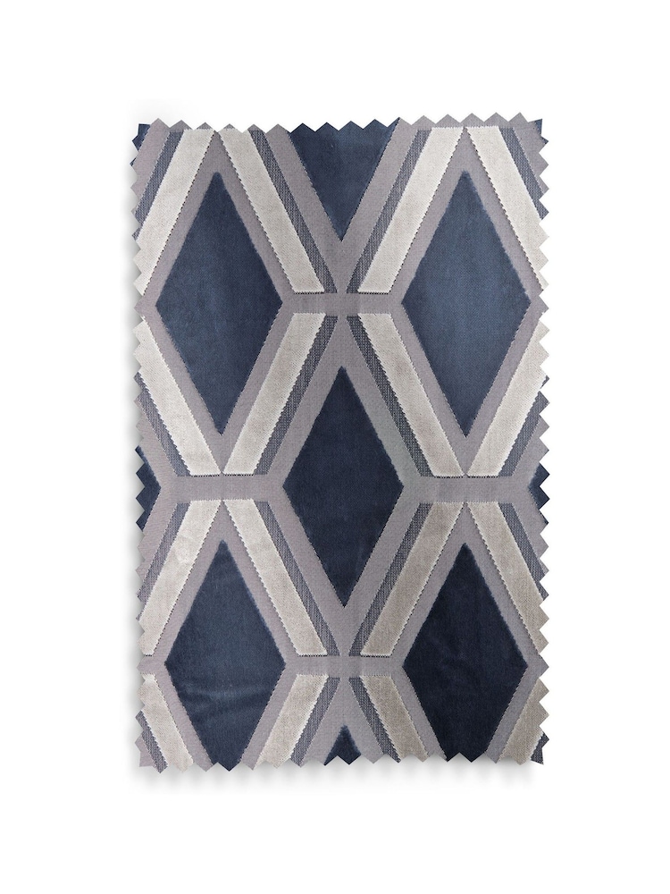 Navy Blue Collection Luxe Heavyweight Geometric Cut Velvet Lined Eyelet Curtains - Image 5 of 5