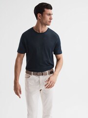 Reiss Navy Venice Linen Crew Neck T-Shirt - Image 1 of 6