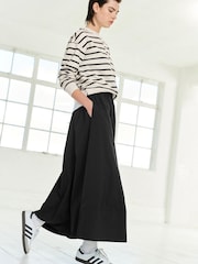 Schwarz - Popeline Midirock mit geraffter Taille - Bild 1 von 5