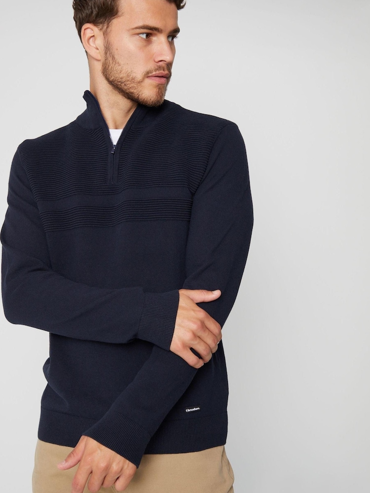 Threadbare Blue Rib Detail Crew Neck Knitted 1/4 Zip Jumper - Image 1 of 4