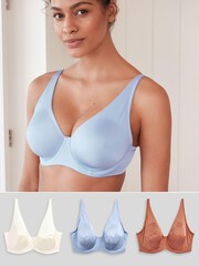 Blue/Ecru Cream/Tan Brown DD+ Non Pad Full Cup Microfibre Smoothing T-Shirt Bras 3 Pack - Image 1 of 6