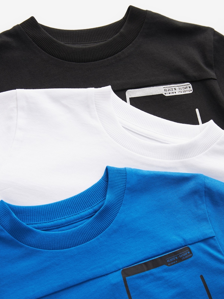 Cobalt Blue/White/Black Relaxed Fit Sport Pocket 100% Cotton T-Shirts 3 Pack (3-16yrs) - Image 3 of 3 Cobalt Blue/White/Black Relaxed Fit Sport Pocket 100% Cotton T-Shirts 3 Pack (3-16yrs) - Image 3 of 3