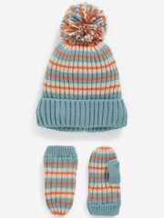 Blue/Orange Stripe Hat and Mitten Set (3mths-10yrs) - Image 1 of 4