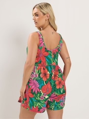 Yours Curve Red Smock Textured Tropical Print Playsuit - Image 2 of 5