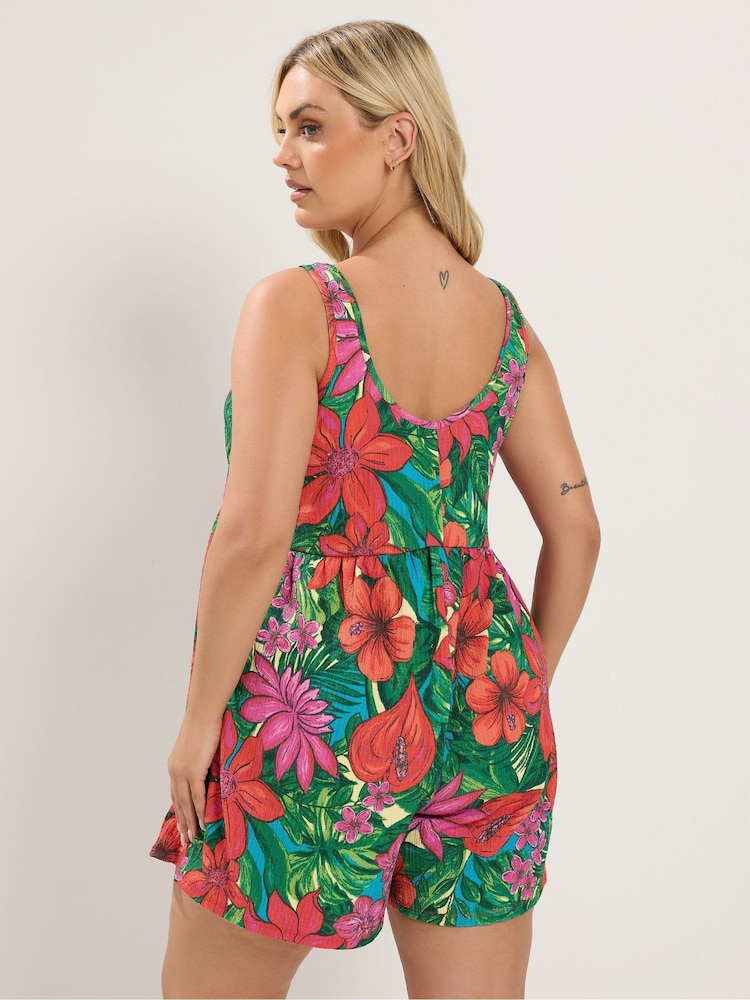 Yours Curve Red Smock Textured Tropical Print Playsuit - Image 2 of 5 Yours Curve Red Smock Textured Tropical Print Playsuit - Image 2 of 5