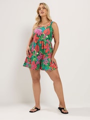 Yours Curve Red Smock Textured Tropical Print Playsuit - Image 3 of 5