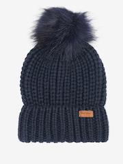 Barbour® Navy Saltburn Cable Knit Pom Beanie Logo Hat - Image 1 of 5