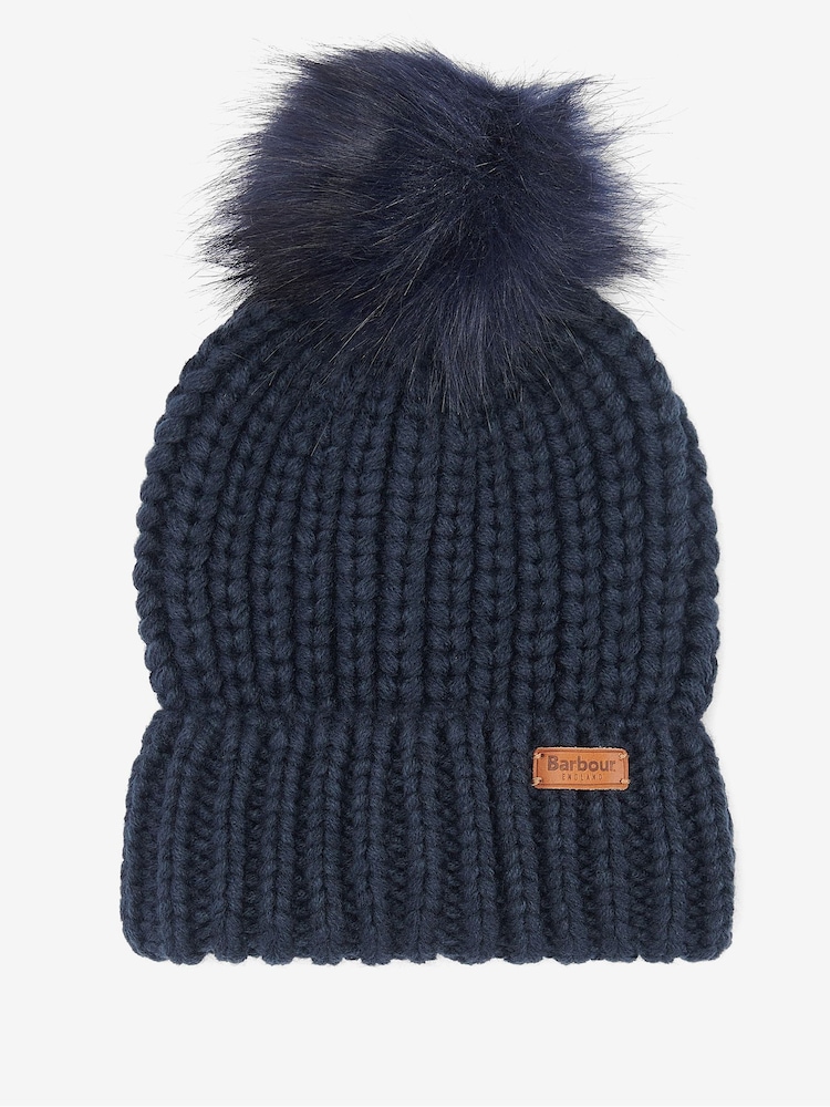 Barbour® Navy Saltburn Cable Knit Pom Beanie Logo Hat - Image 1 of 5