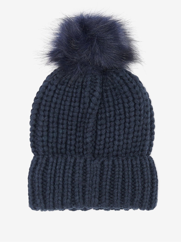 Barbour® Navy Saltburn Cable Knit Pom Beanie Logo Hat - Image 2 of 5