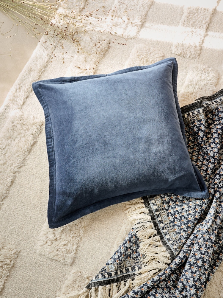 French Connection Indigo 100% Cotton Washed Velvet Cushion - Image 1 of 4 French Connection Indigo 100% Cotton Washed Velvet Cushion - Image 1 of 4
