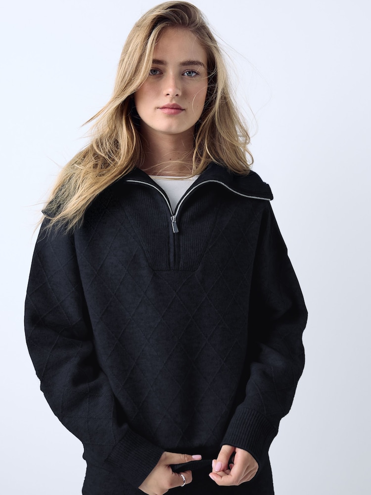 Granatowy - Quarter Zip Cosy Knit Jumper - Obraz 2 z 7 Granatowy - Quarter Zip Cosy Knit Jumper - Obraz 2 z 7