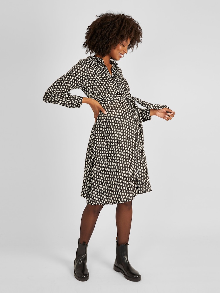 JoJo Maman Bébé Black Spot Print Shirt Dress With Tie - Image 1 of 4