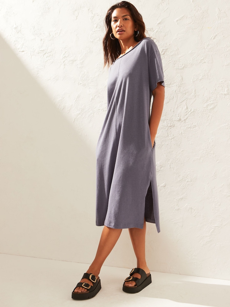 Blue Slash Neck Jersey Summer Dress With Linen - Image 1 of 7 Blue Slash Neck Jersey Summer Dress With Linen - Image 1 of 7