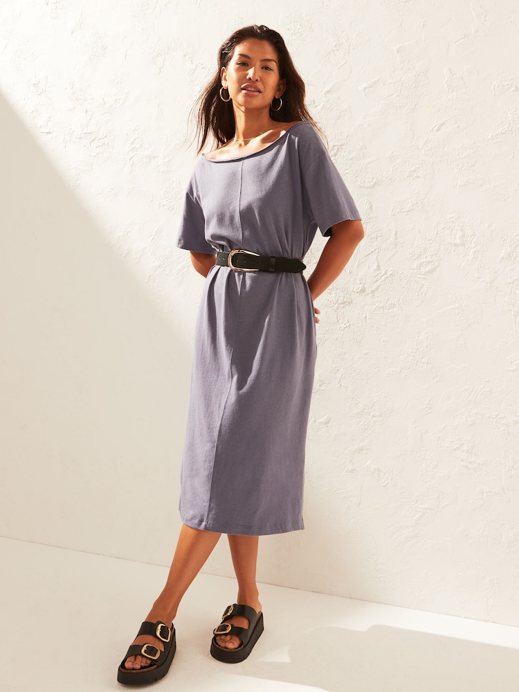 Blue Slash Neck Jersey Summer Dress With Linen - Image 2 of 7 Blue Slash Neck Jersey Summer Dress With Linen - Image 2 of 7