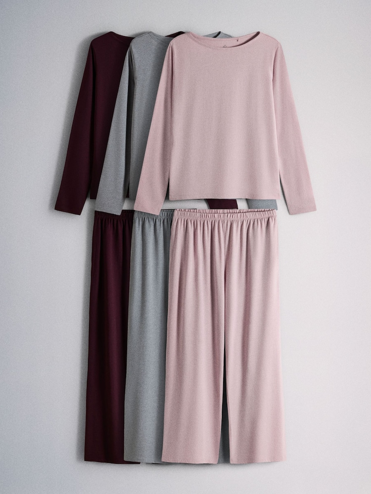 The Set 3 Pack Essentials Long Sleeve Pyjamas Burgundy Red/Pink/Grey - Image 1 of 9