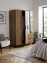 Dark Bronx Oak Slim Triple, 2 Drawers Effect Semi Fitted Mirrored Wardrobe - Image 3 of 11