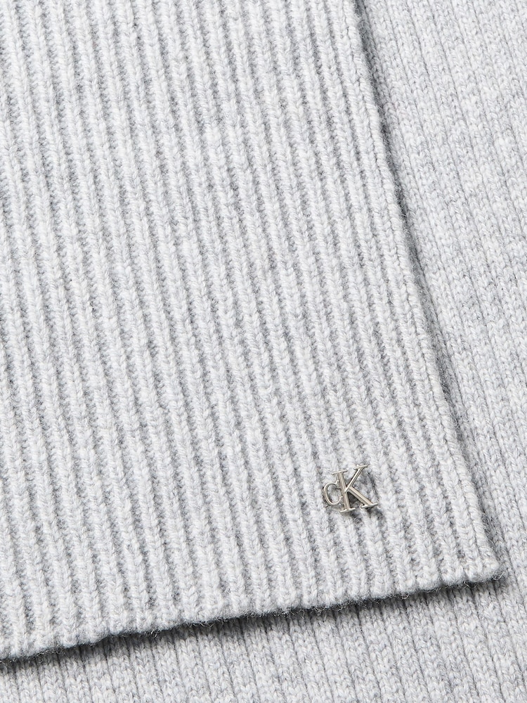 Calvin Klein Grey Wool Blend Monogram Scarf - Image 3 of 3 Calvin Klein Grey Wool Blend Monogram Scarf - Image 3 of 3