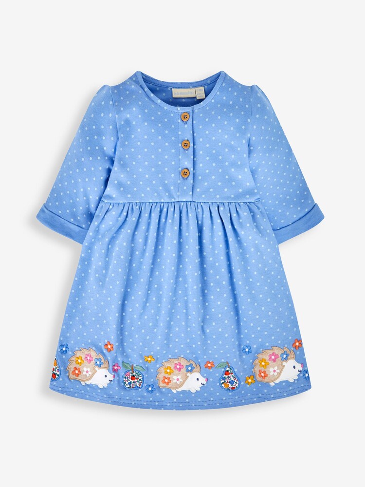 JoJo Maman Bébé Blue Hedgehog Appliqué Button Front Dress - Image 1 of 3